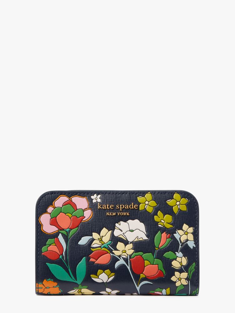 NWT Kate Spade Morgan Flower Bed Embossed Small Slim Bifold Leather Wallet  Blue