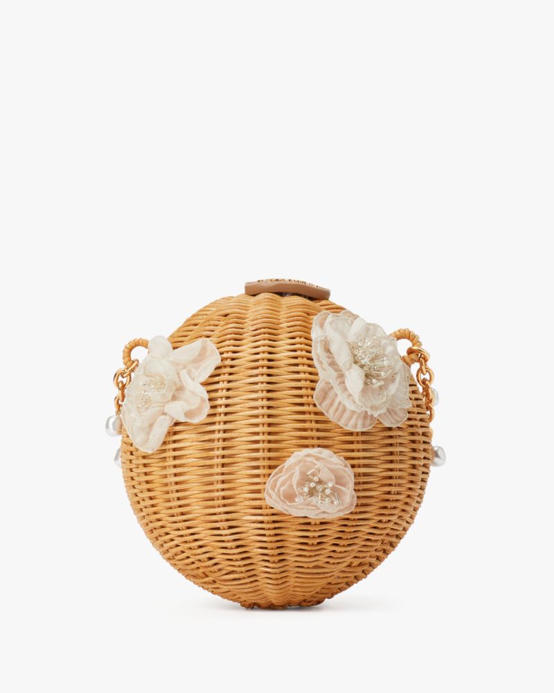 Kate Spade,Bridal Wicker Bouquet Lantern Crossbody,Crossbody,Wicker,3D Embellishment,Pearl,Day Party,Brown