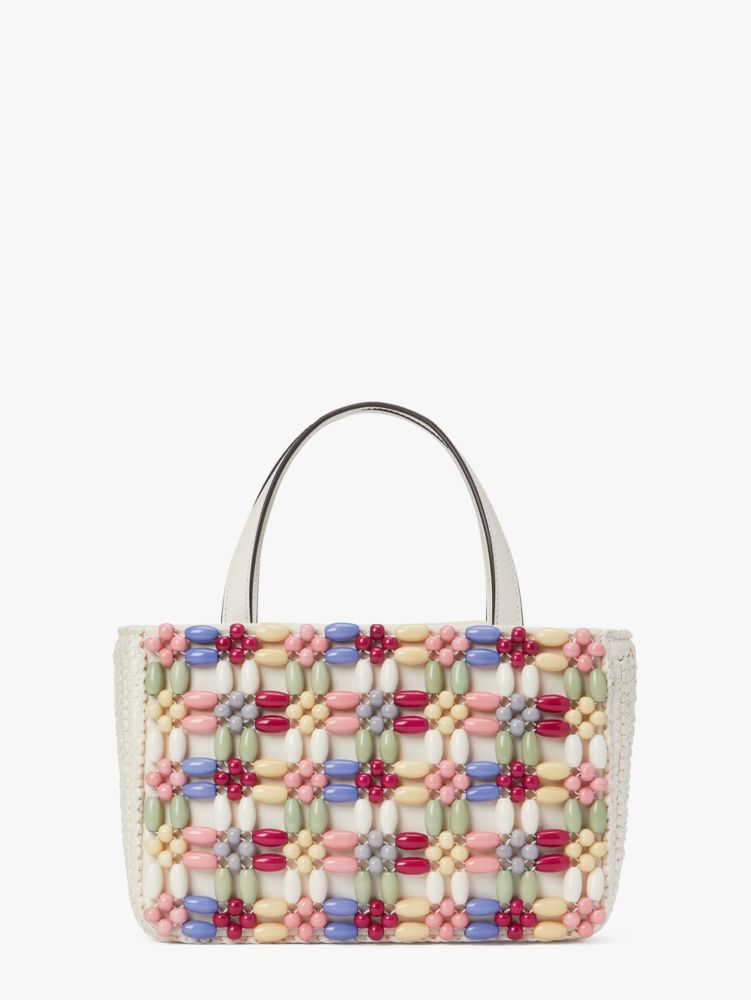 Kate Spade,サム アイコン ビーデッド ラフィア スモール トート,全てのアウトレット,クリームマルチ