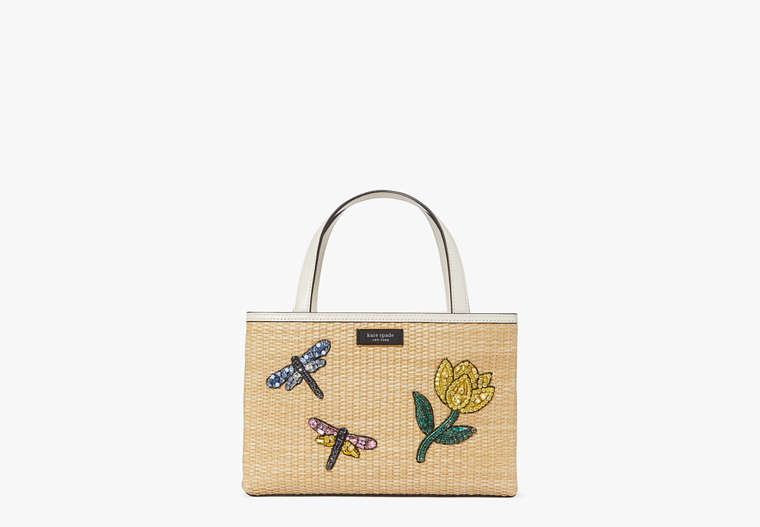 Kate Spade,Sam Icon Dragonfly Embellished Straw Small Tote,Natural Multi
