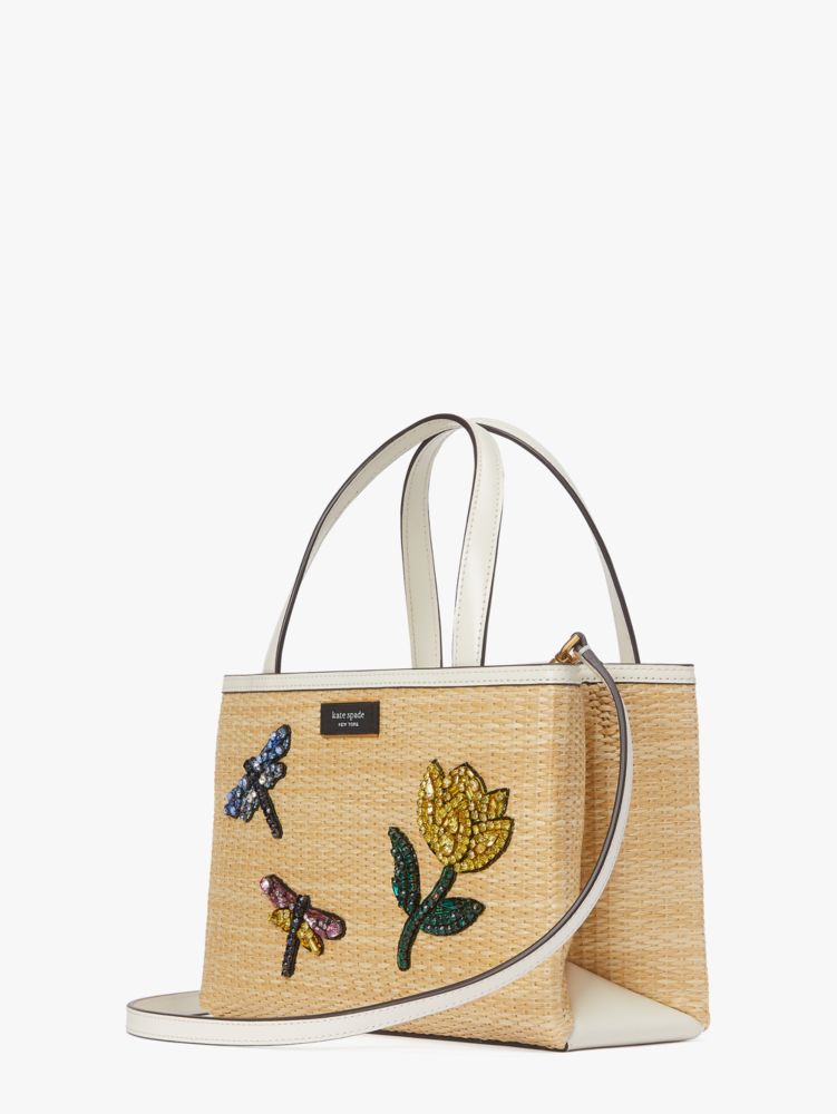 Kate Spade,Sam Icon Dragonfly Embellished Straw Small Tote,Natural Multi