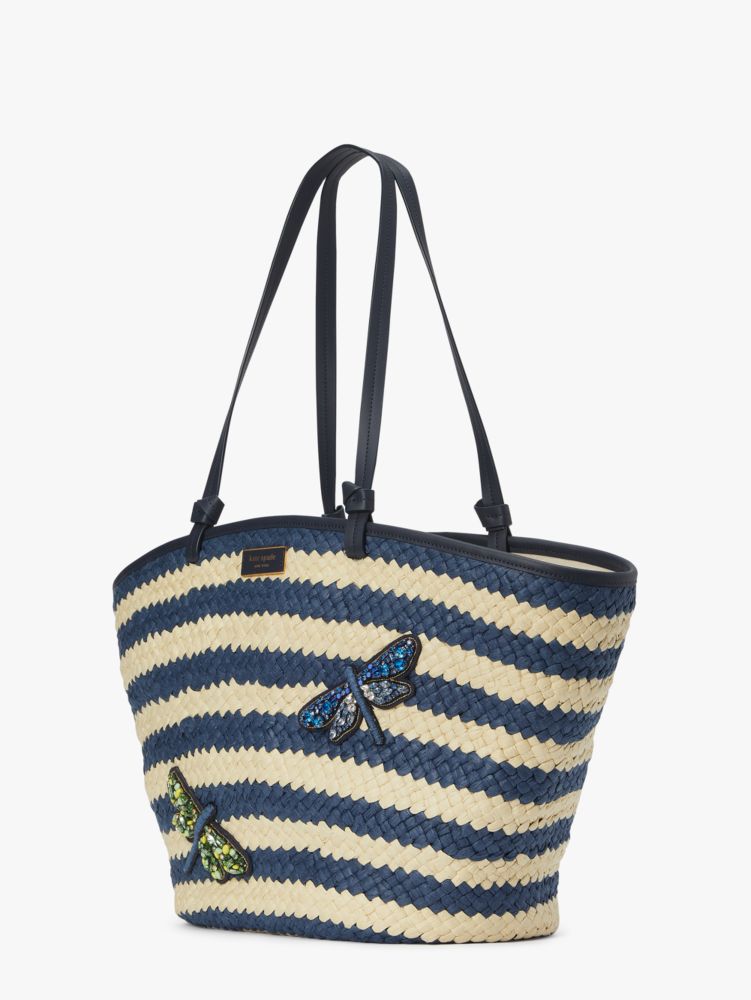 Kate Spade,Shore Thing Embellished Striped Straw Large Tote,Blazer Blue Multi