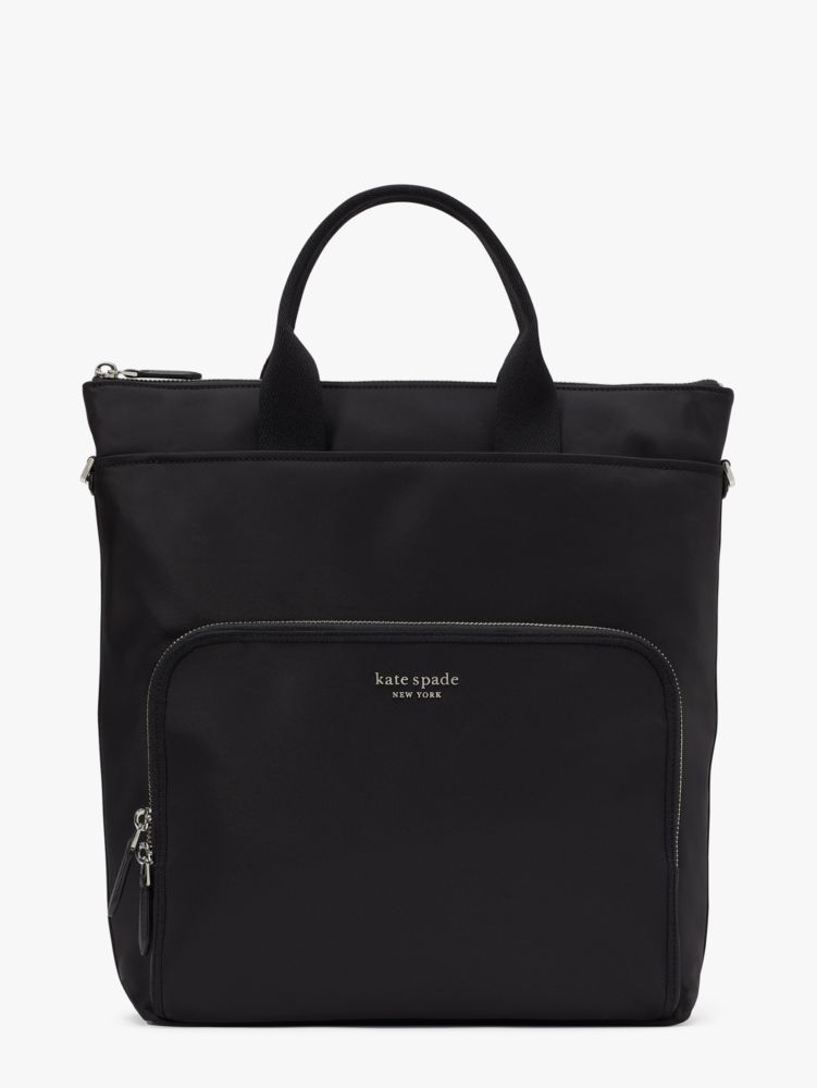 Kate Spade,Sam Ksnyl Nylon Convertible Backpack,Linen,Recycled Polyester,Backpack,Crossbody,Logo,Metal,Black