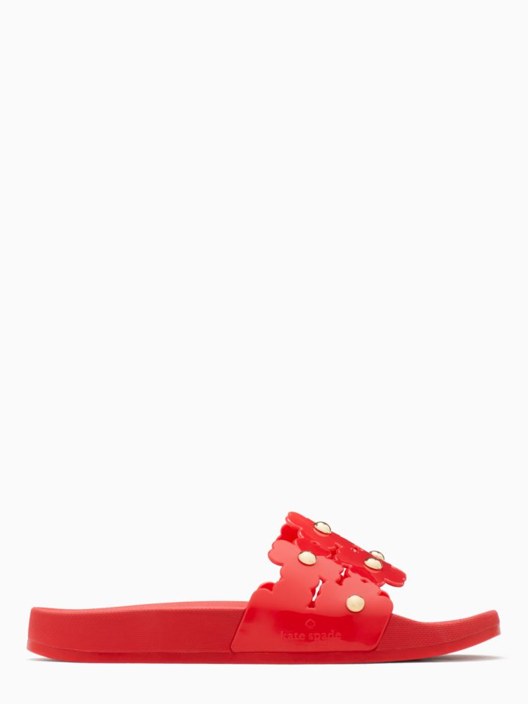 Kate Spade,Daisy Pool Slide,Rubber,Slides,Studded,Perforated,Gold Metal,Day Party,Red