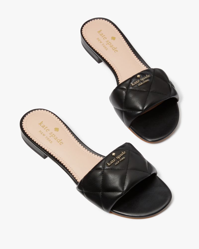 Kate Spade,Pillow Sandal,Leather,Rubber,Faux Leather,Slides,Metal,Logo,Gold Metal,Casual,Black