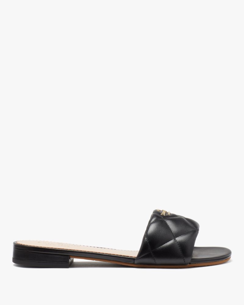 Kate Spade,Pillow Sandal,Faux Leather,Leather,Rubber,Slides,Logo,Metal,Gold Metal,Casual,Black