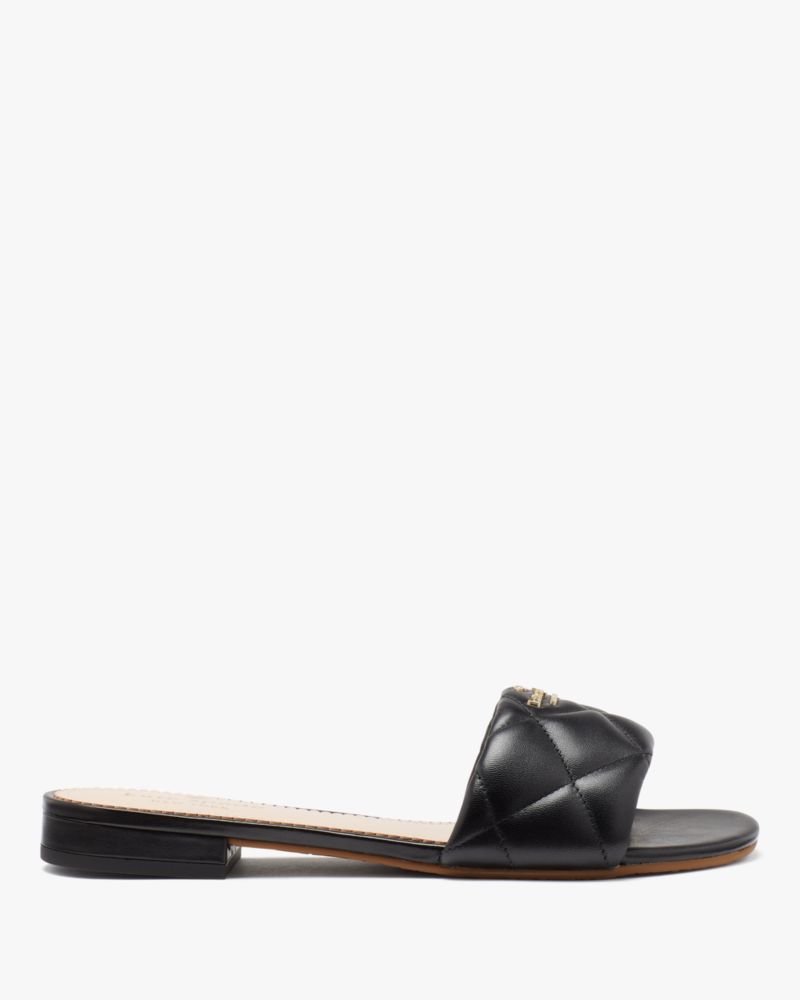 Kate Spade,Pillow Sandal,Leather,Rubber,Faux Leather,Slides,Metal,Logo,Gold Metal,Casual,Black