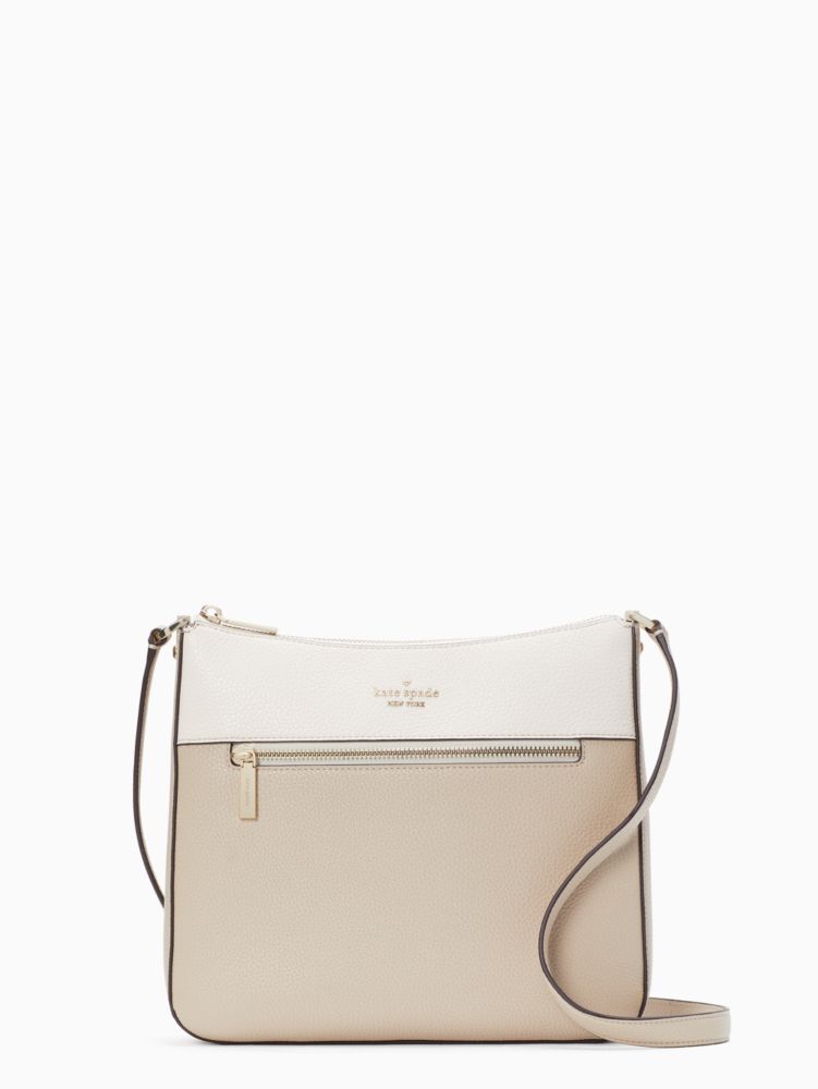 Kate Spade,Leila Swingpack Crossbody,Leather,Crossbody,Color Block,Logo,Metal,Lined,Casual,Beige