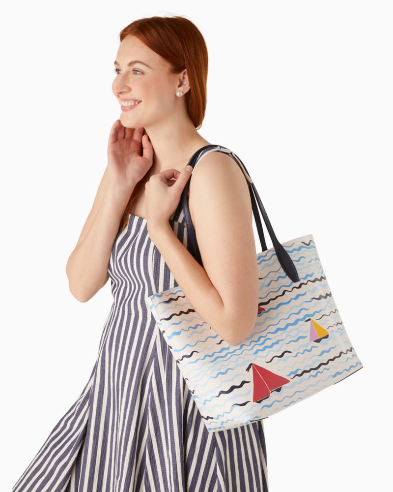 Kate Spade,Set Sail Large Tote,Tote,Pouch,No Embellishment,Casual,Multi Color,Blue