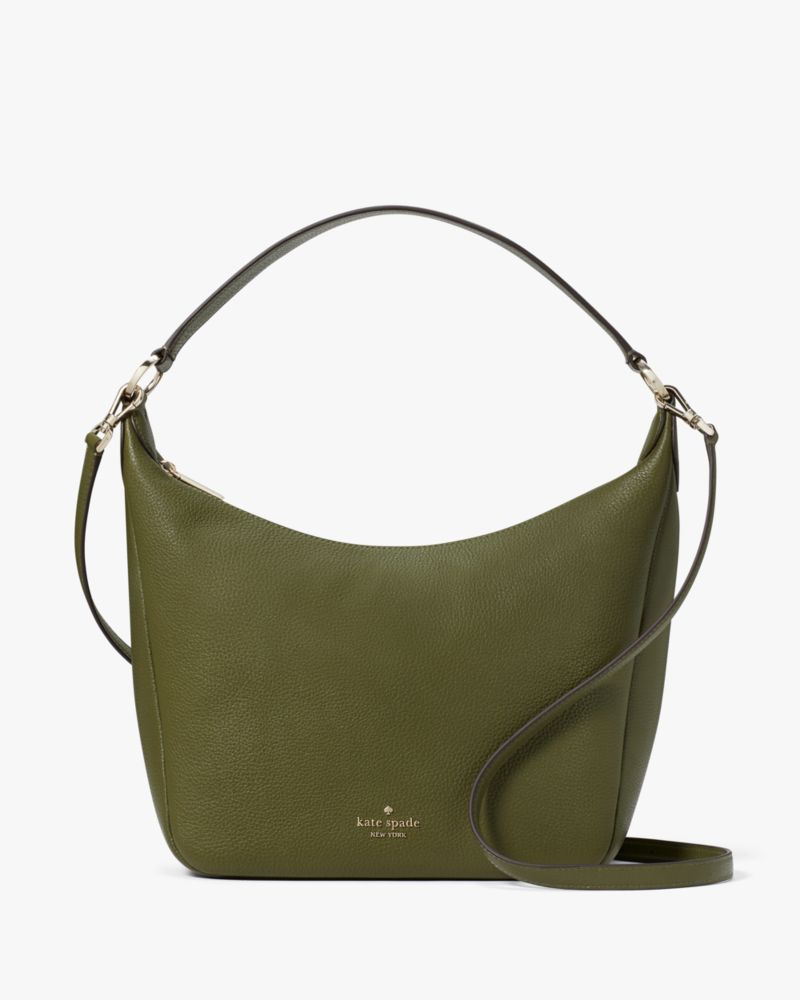 Kate Spade,Leila Hobo Shoulder Bag,Leather,Shoulder Bag,Logo,Metal,Lined,Casual,Olive