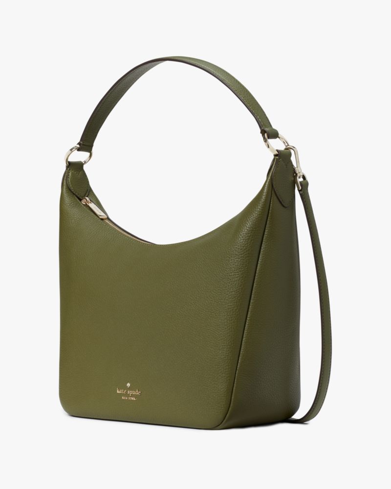 Kate Spade,Leila Hobo Shoulder Bag,Leather,Shoulder Bag,Logo,Metal,Lined,Casual,Olive