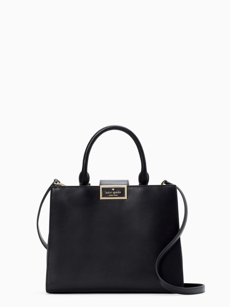 Kate Spade,Reegan Satchel,Leather,Satchel,Logo,Metal,Lined,Gold Metal,Work,Black