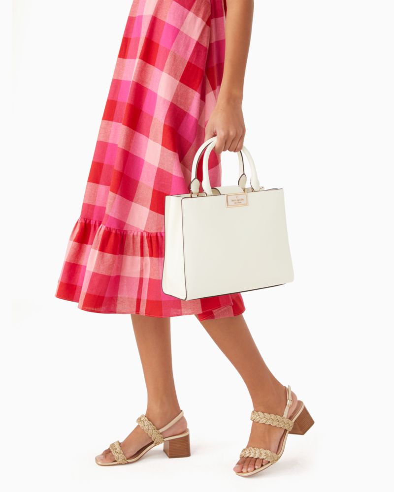Kate Spade,Reegan Satchel,Leather,Satchel,Logo,Metal,Lined,Gold Metal,Work,Cream