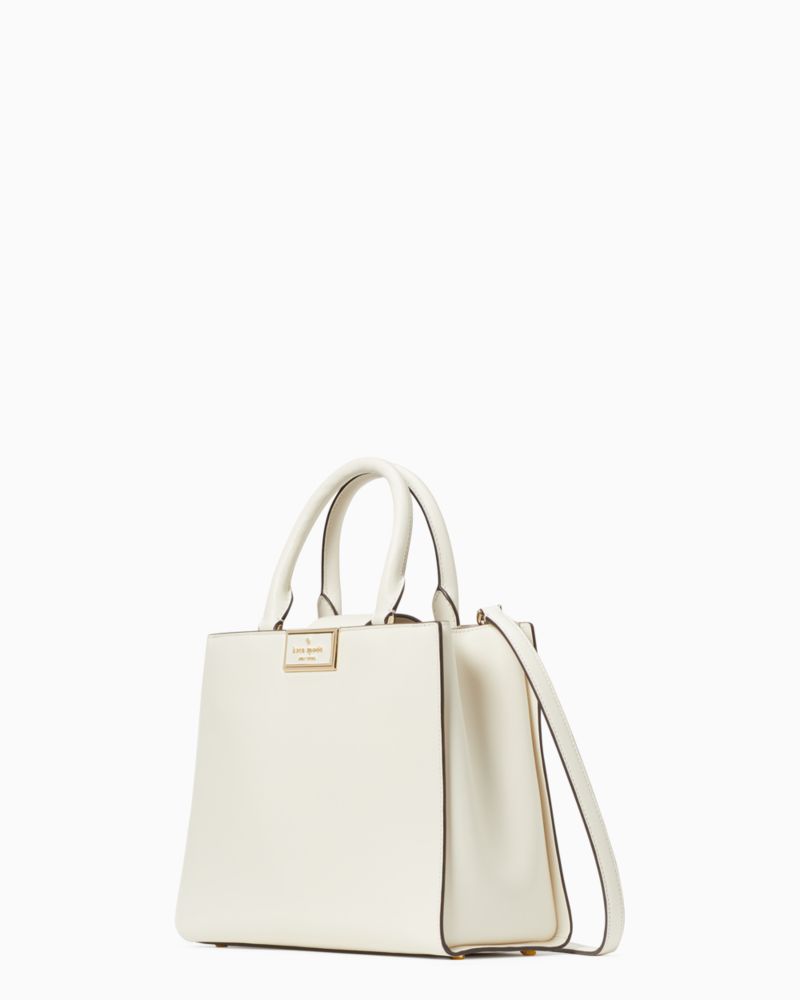 Kate Spade,Reegan Satchel,Leather,Satchel,Logo,Metal,Lined,Gold Metal,Work,Cream