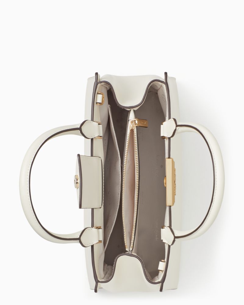 Kate Spade,Reegan Satchel,Leather,Satchel,Logo,Metal,Lined,Gold Metal,Work,Cream