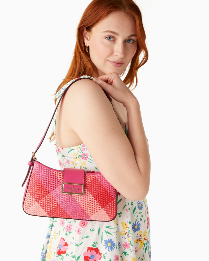 Kate Spade,reegan woven straw small shoulder bag,Pink Multi