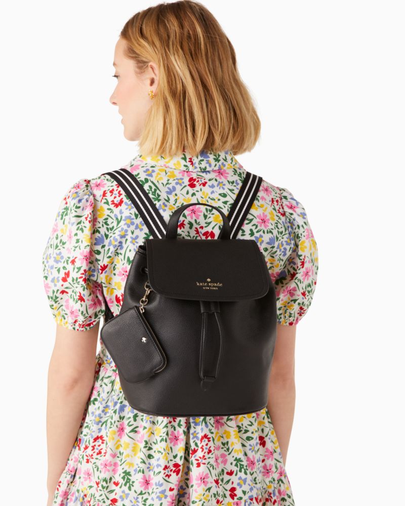 Kate Spade,Rosie Medium Flap Backpack,Lining Leather,Leather,Backpack,Coin,Stripe,Logo,Metal,Lined,Casual,Black