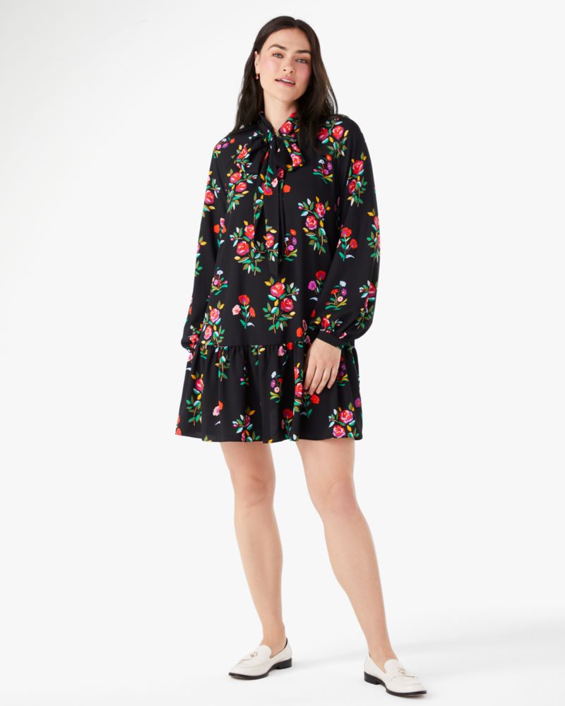 Kate Spade,Autumn Floral Tie Neck Dress,Polyester,Crepe,A-Line,No Embellishment,Day Party,Black