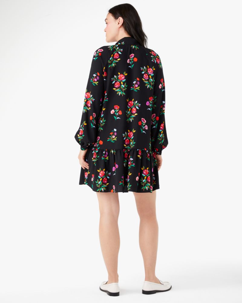 Kate Spade,Autumn Floral Tie Neck Dress,Polyester,Crepe,A-Line,No Embellishment,Day Party,Black