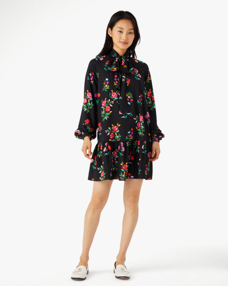 Kate Spade,Autumn Floral Tie Neck Dress,Polyester,Crepe,A-Line,No Embellishment,Day Party,Black