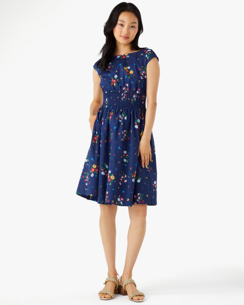 Kate Spade,Bouquet Toss Blaire Dress,Poplin,Lining Cotton,Cotton,Elastic Waist,A-Line,Shirring,Lined,Day Party,Navy