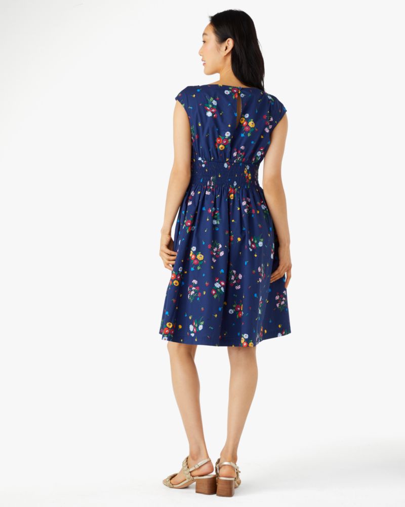 Kate Spade,Bouquet Toss Blaire Dress,Poplin,Lining Cotton,Cotton,Elastic Waist,A-Line,Shirring,Lined,Day Party,Navy