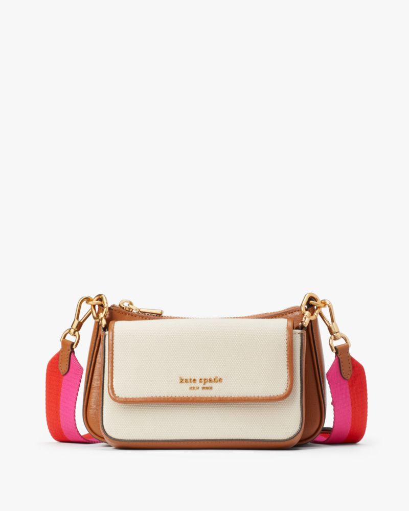 Kate Spade,Double Up Racing Stripe Canvas Crossbody,Dark Brown Multi