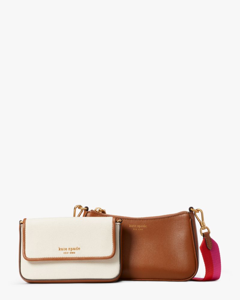 Kate Spade,Double Up Racing Stripe Canvas Crossbody,Dark Brown Multi