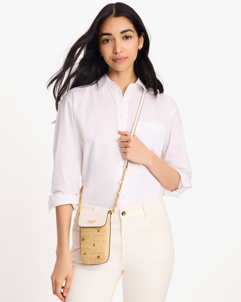 Kate Spade,Steffie Embellished Straw North South Phone Crossbody,Leather,Mobile Bag,Straw,Metal,Pearl,Shell Embellishment,...,