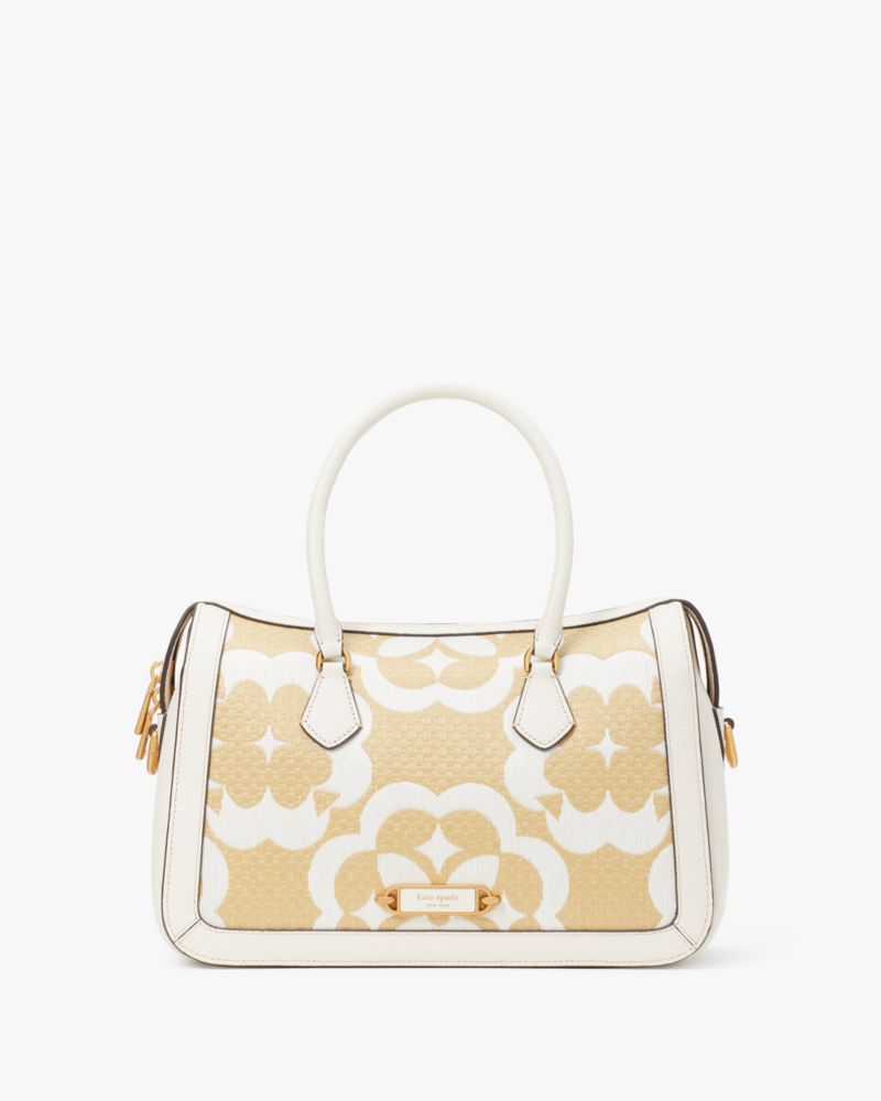 Kate Spade,スペードフラワー モノグラム ラフィア グラマシー ミディアム サッチェル,全てのアウトレット,クリームマルチ