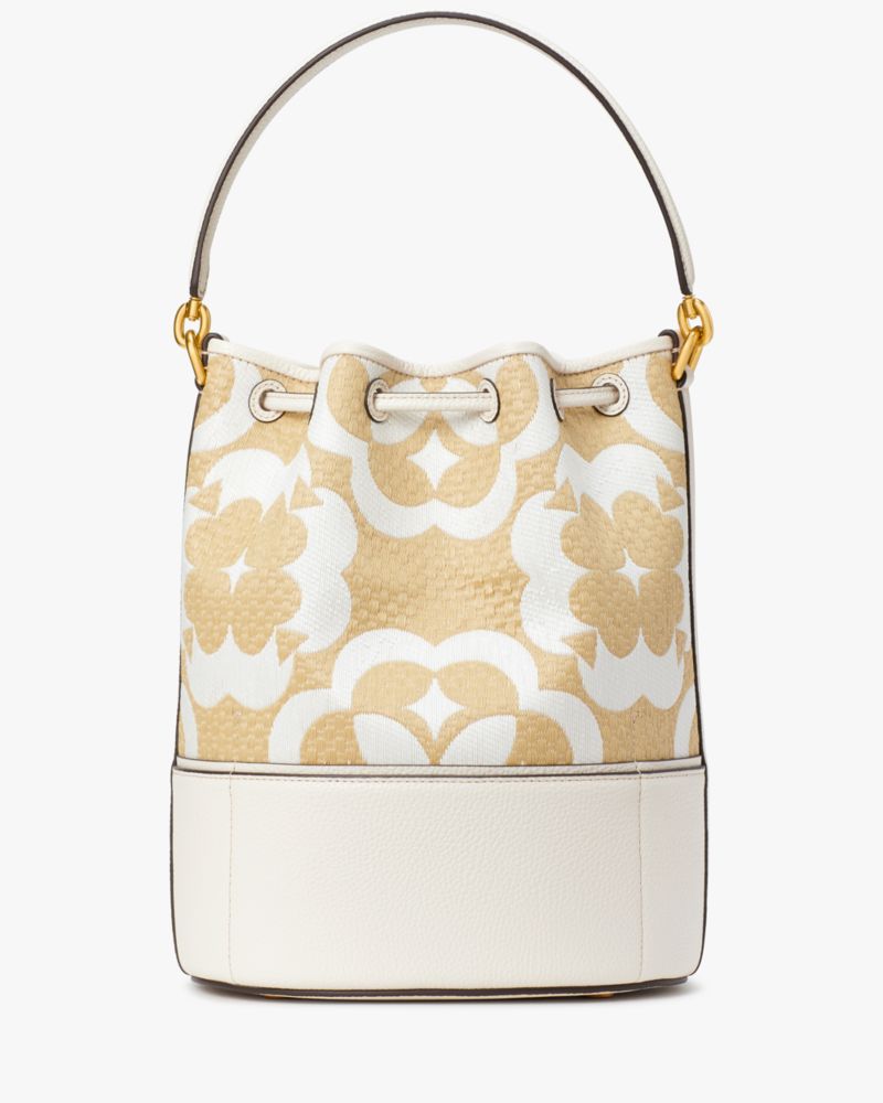 Kate Spade,Spade Flower Monogram Raffia Gramercy Medium Bucket Bag,