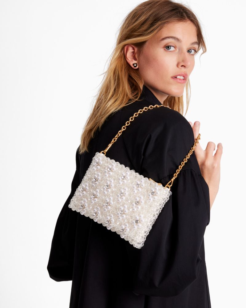 Kate Spade,Purl Flower Beaded Mini Shoulder Bag,Bridal,Cream