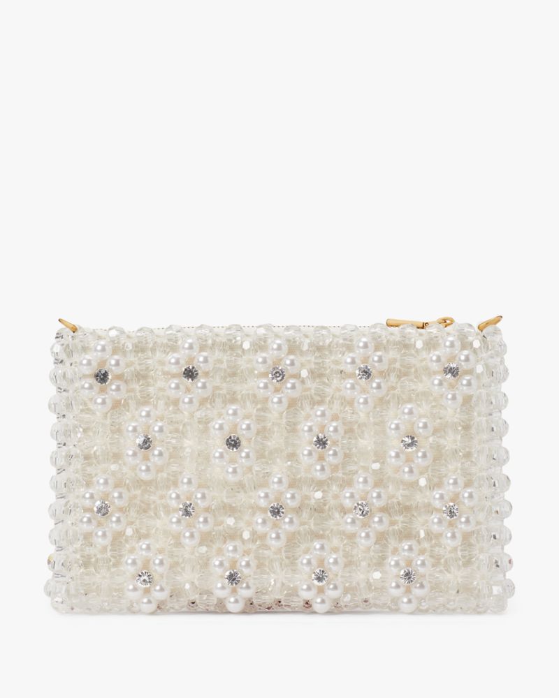 Kate Spade,Purl Flower Beaded Mini Shoulder Bag,Canvas,Shoulder Bag,Beaded,Bead Embellishment,Pearl,Rhinestones,Gold Metal...,Cream