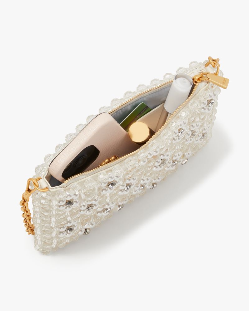 Kate Spade,Purl Flower Beaded Mini Shoulder Bag,Canvas,Shoulder Bag,Beaded,Bead Embellishment,Pearl,Rhinestones,Gold Metal...,Cream
