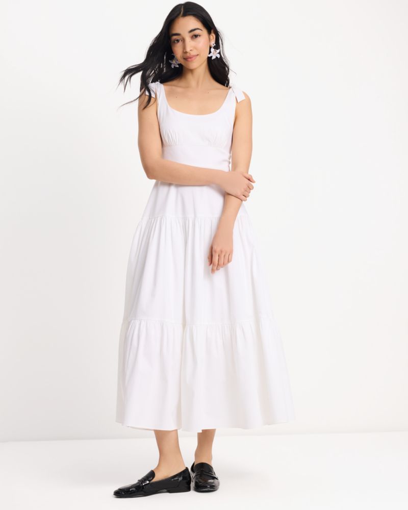 Kate Spade,Poplin Tiered Maxi Dress,Spandex,Polyester,Cotton,Prairie,Sundress,A-Line,Tie Belt,Ruched,Day Party,