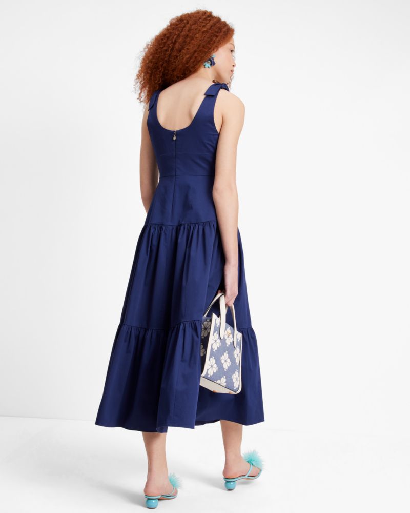Kate Spade,Poplin Tiered Maxi Dress,Polyester,Spandex,Cotton,Prairie,A-Line,Sundress,Ruched,Tie Belt,Adjustable,Day Party,Navy
