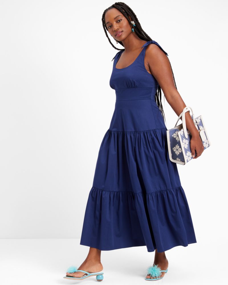 Kate Spade,Poplin Tiered Maxi Dress,Polyester,Spandex,Cotton,Prairie,A-Line,Sundress,Ruched,Tie Belt,Adjustable,Day Party,Navy