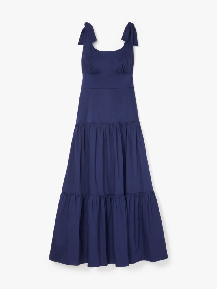 Kate Spade,Poplin Tiered Maxi Dress,Spandex,Polyester,Cotton,Prairie,Sundress,A-Line,Tie Belt,Ruched,Day Party,Navy