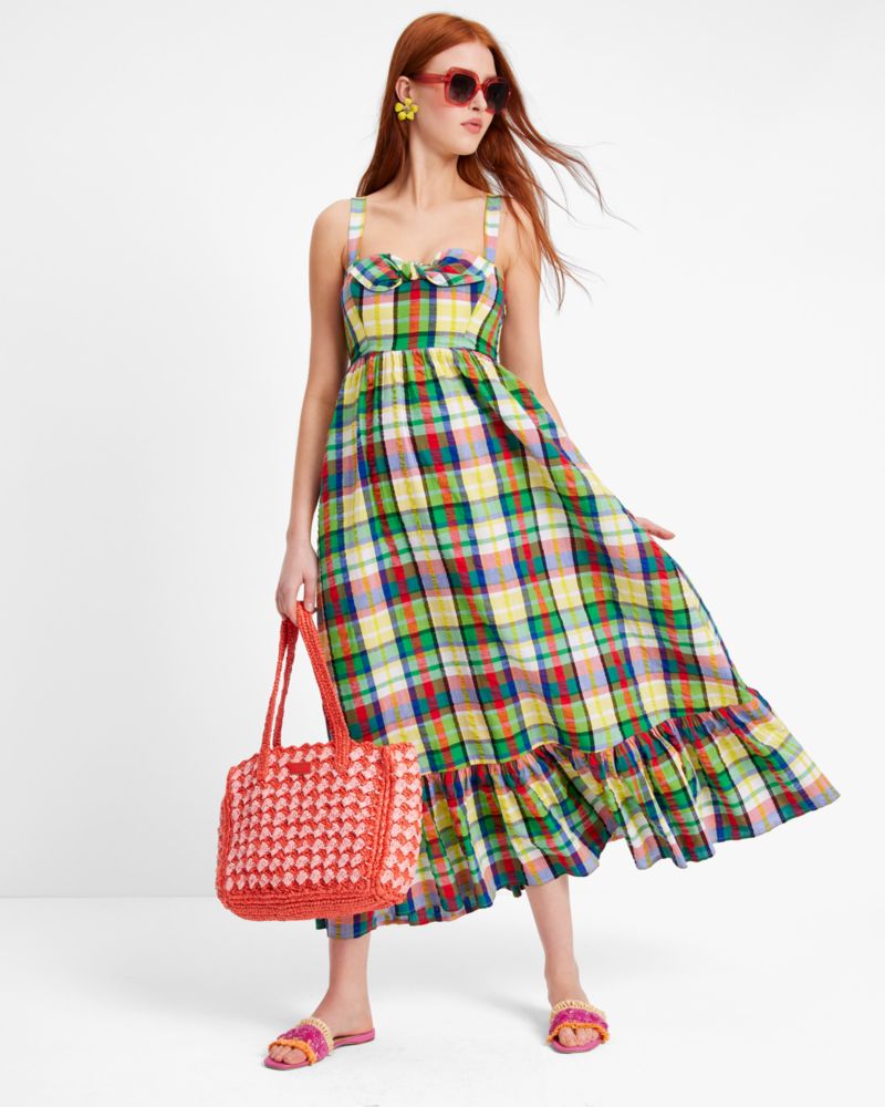 Kate Spade,Coastal Plaid Bow Dress,Multi Color