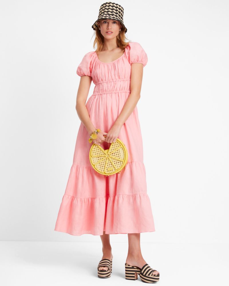 Kate Spade,Linen Riviera Dress,Linen,Lining Cotton,Cotton,Elastic Waist,Maxi,A-Line,Gathered Elastic Detail,Ruched,Lined,D...,Pink