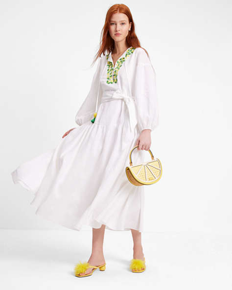 Kate Spade,Embroidered Lemons Tie-waist Shirtdress,Day,Fresh White