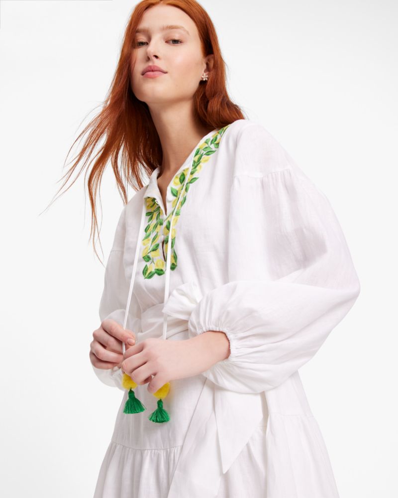 Kate Spade,Embroidered Lemons Tie-waist Shirtdress,Day,Fresh White