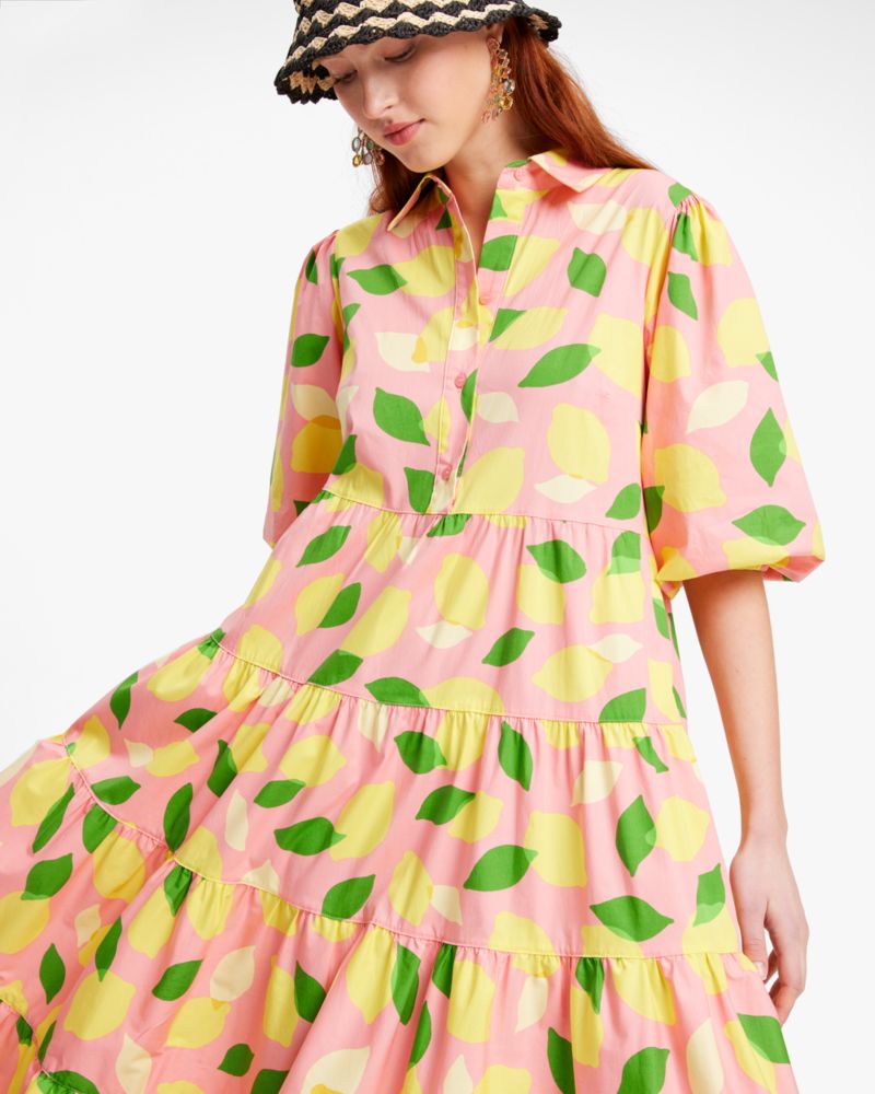 Kate Spade,Lemon Toss Tie-Waist Shirtdress,Cotton,Shirt Dress,A-Line,Tie Belt,Day Party,Pink