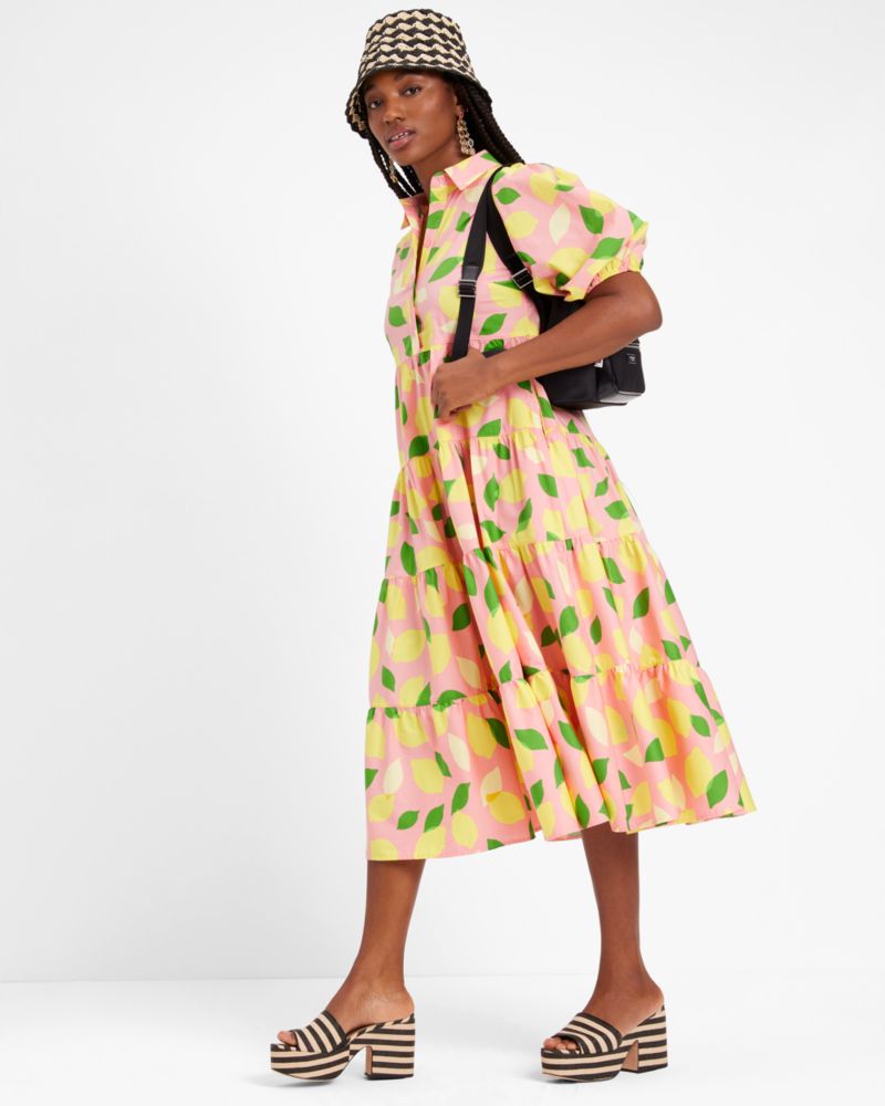 Kate Spade,Lemon Toss Tie-Waist Shirtdress,Cotton,Shirt Dress,A-Line,Tie Belt,Day Party,Pink
