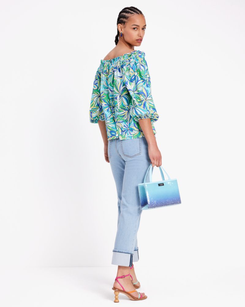 Kate Spade,Anemone Floral Off-the-shoulder Top,Glacier Blue Multi