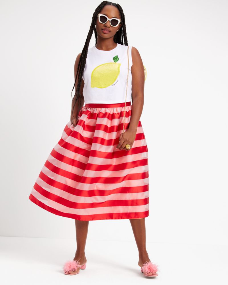 Kate Spade,Awning Stripe Organza Midi Skirt,Polyester,A-Line,Ruched,Day Party,Multi Color