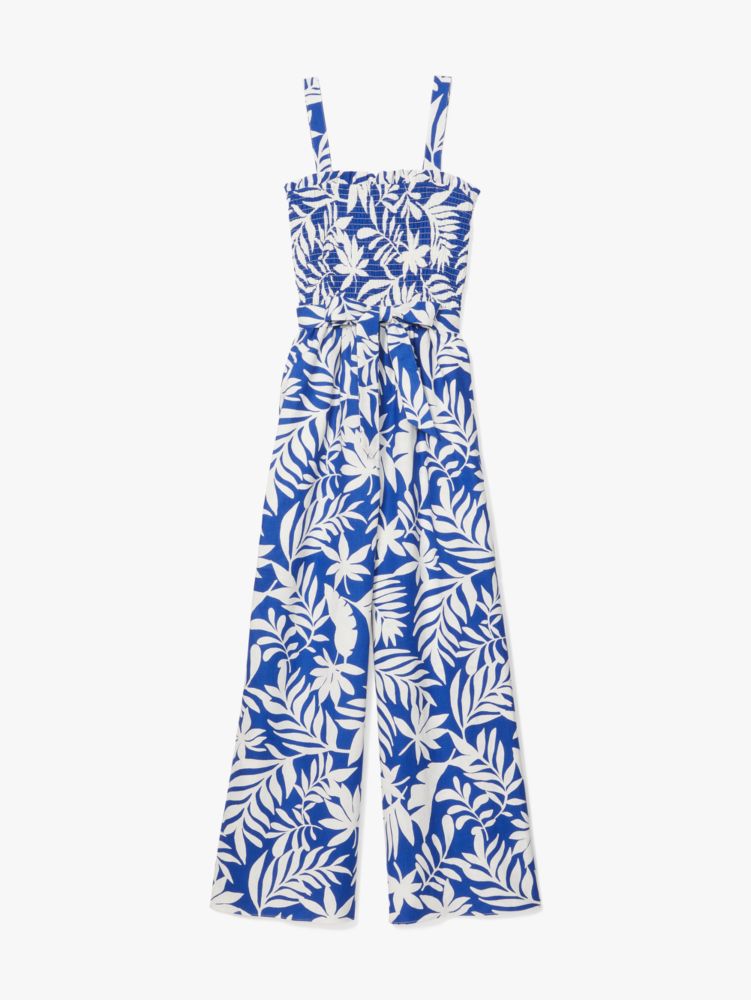 Kate Spade,Tropical Foliage Smocked Jumpsuit,Day,Blueberry/Cream