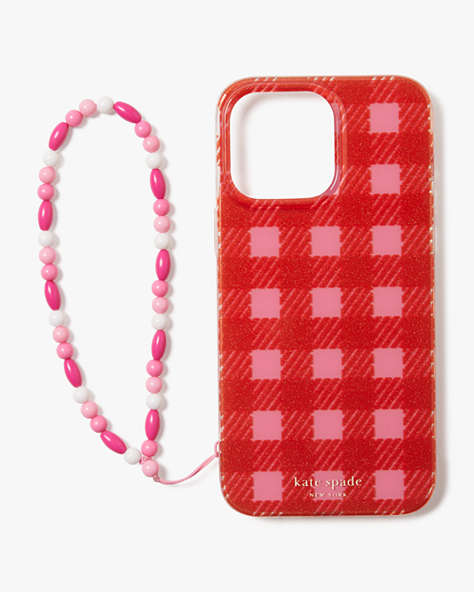 Kate Spade,Sam Icon Glitter Gingham iPhone 14 Pro Wristlet Case,Pink Cloud Multi