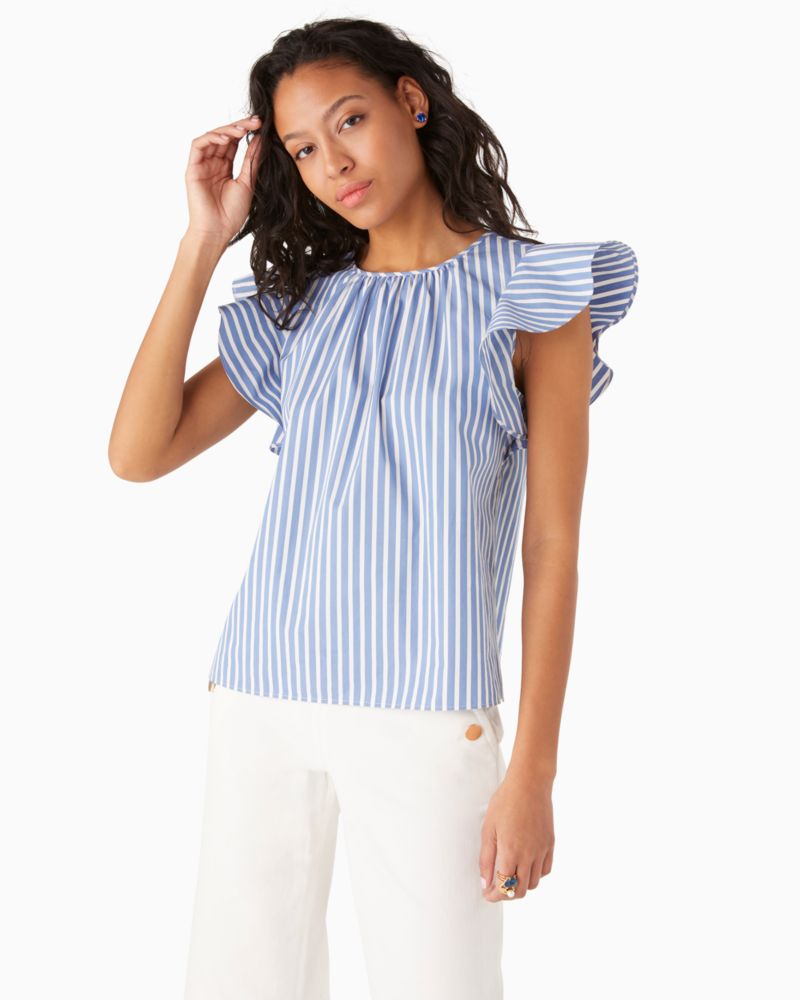 Kate Spade,Basket Stripe Flutter-sleeve Top,Blouse,Ruched,Day Party,Multi Color