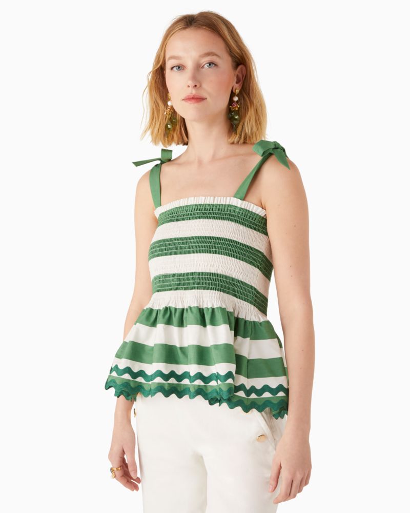 Kate Spade,beach time stripe smocked top,cotton,Green Bean image number 0